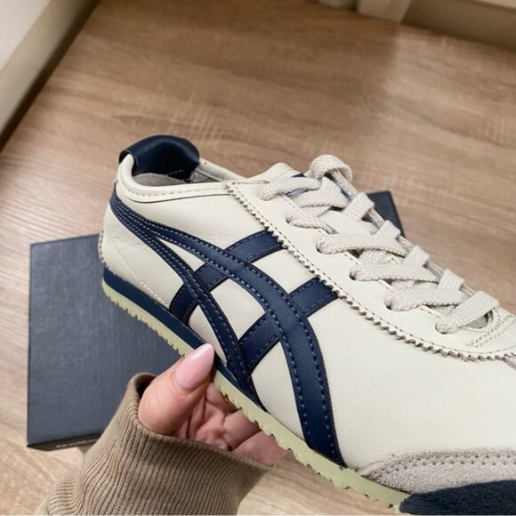 New Onitsuka Tiger Mexico 66 Sneaker Shoes ASICS Birch Peacoat Navy Blue Beige - Picture 3 of 7